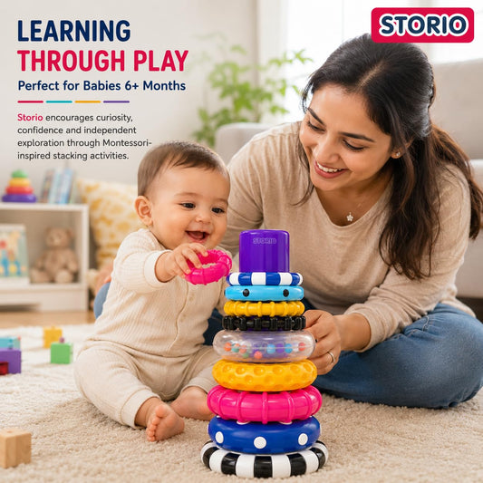 Storio Stacks of Circles Stacking Ring Toy for Babies 6+ Months | 9-Piece Multi-Color STEM Learning | Educational Baby Toy for Fine Motor Skills | Textured Rings with Sound Beads | Montessori Learning